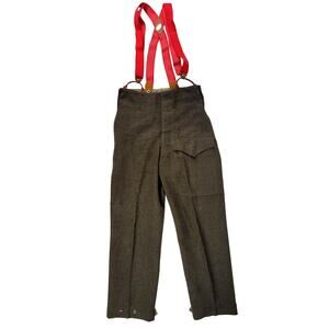 Vintage 1950s Miliary Green Wool Field Pants with Red Suspenders Men's Sz 33X30